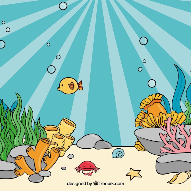 Free vector underwater background with caricatures of aquatic animals