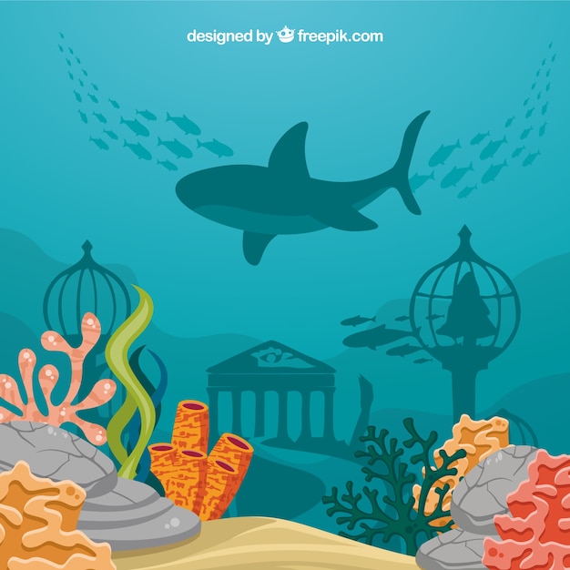 Underwater background with caricatures of aquatic animals