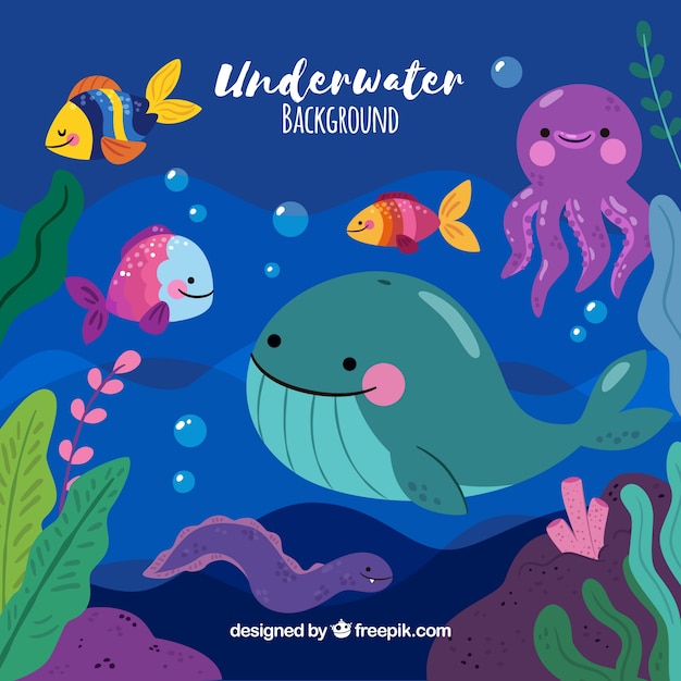 Underwater background with marine animals