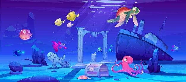 Underwater background with ocean fish, sunken ship and ruins.
