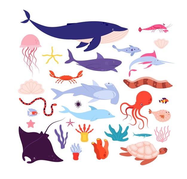 海洋生物コレクションのイラストの描画スタイル 無料のベクター 海洋生物コレクションのイラストの描画スタイル 無料のベクター