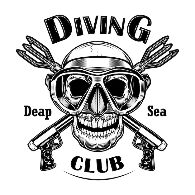 Underwater hunter vector illustration. skull in mask with crossed stun guns, deep sea text. seaside activity concept for diving club emblems