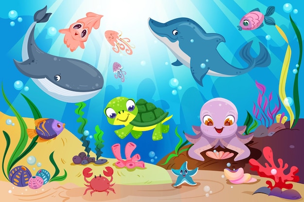 귀여운 해양 동물과 해양 식물이 있는 수중 해양 생물