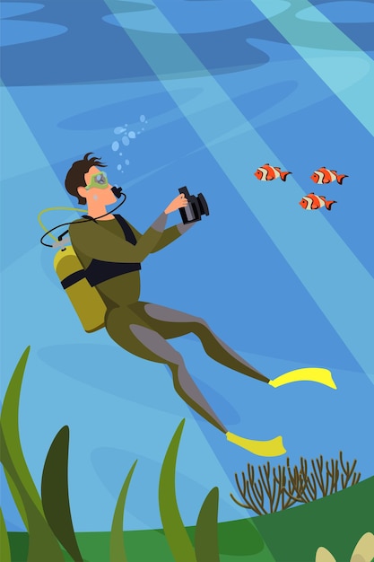 Free vector underwater photographer scuba diver wearing wetsuit holding professional camera taking photos explorer photographing tropical and exotic fish cartoon character