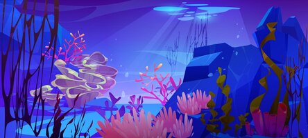 Free vector underwater scene of sea with corals and seaweed