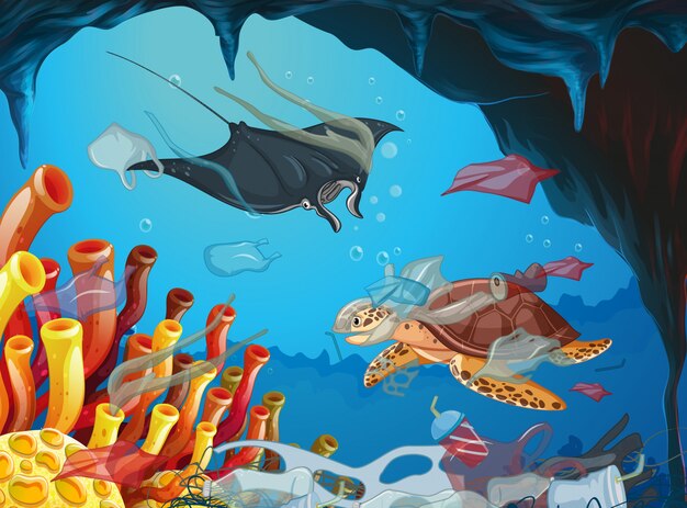 Underwater scene with animals and trash