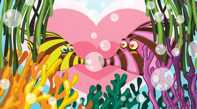 Free vector underwater scene with couple fish in love and tropical coral reef