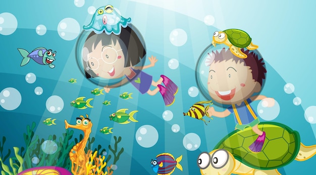 Underwater scene with happy kids scuba diving