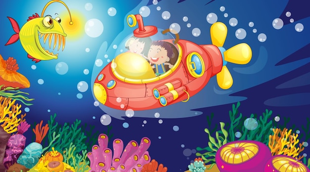 Free vector underwater scene with happy kids in submarine exploring undersea