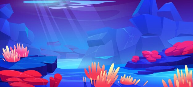 Подводный морской пейзаж с морскими растениями и животными. Векторные иллюстрации шаржа дна океана с камнями и тропической подводной фауной, актиний и губок
