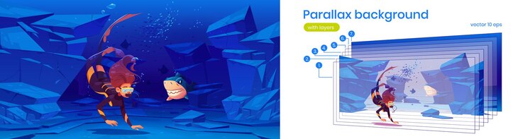 Free Vector underwater sea or ocean landscape with woman scuba diver and angry shark. vector parallax background for 2d animation with cartoon illustration of girl in diving suit and angry fish under water