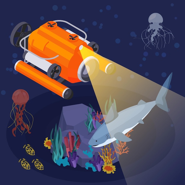 Free vector underwater vehicles machines and equipment isometric composition ship shines a searchlight underwater at night