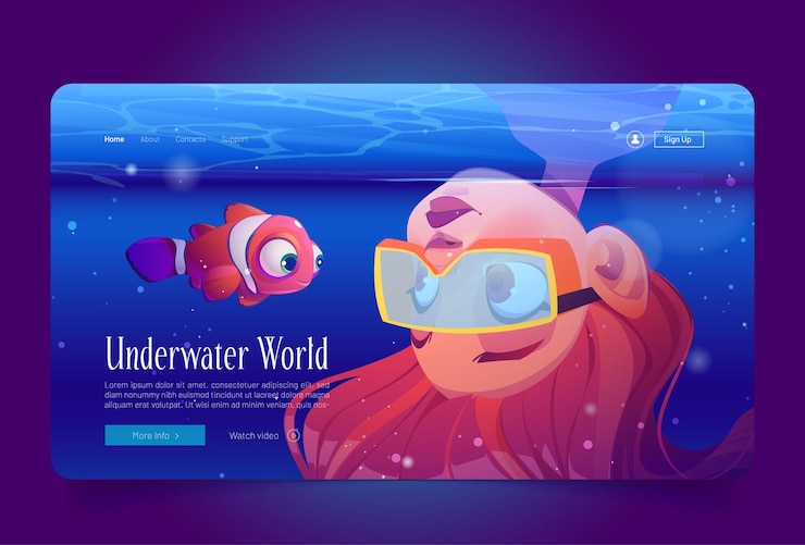 Free Vector underwater world cartoon landing page, scuba diver girl wear glasses look on clown fish in sea. young woman explore ocean fauna, snorkeling recreation, diving, learning undersea life vector web banner