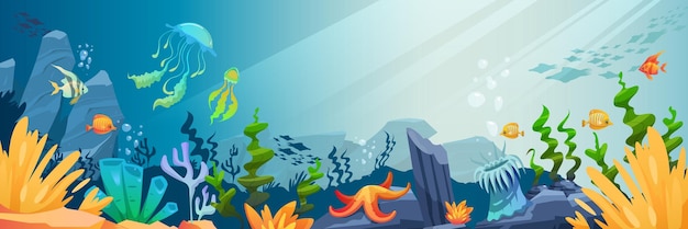 Подводный мир горизонтальный фон с морской планктон кораллы морские звезды и красочные рыбы мультфильм векторные иллюстрации