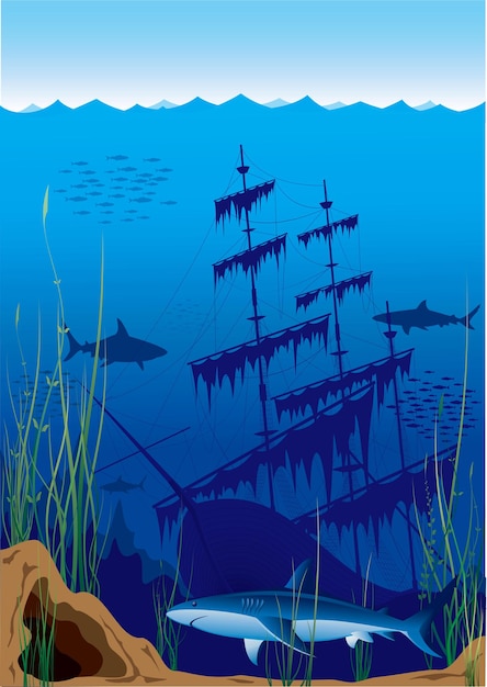 古い沈没船のイラストと水中世界 プレミアムベクター