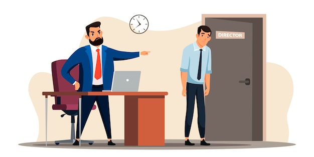 Бесплатное векторное изображение Концепция безработицы. разгневанный босс указывает на уволенного менеджера на дверь, грустный мужчина выходит из кабинета.