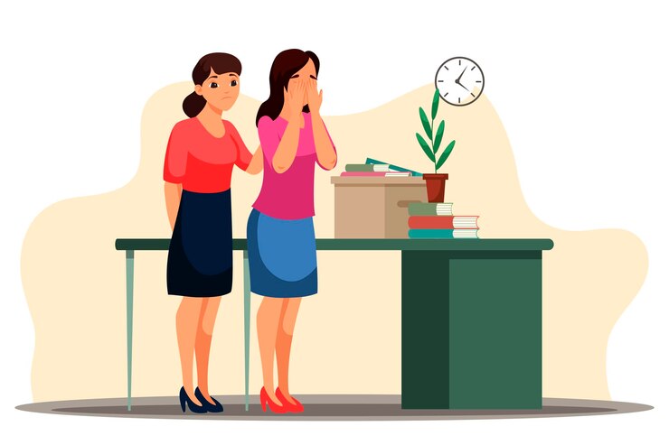 Free Vector unemployment concept dismisses employee leaves workplace at office sad woman crying colleague support personal belongings in box