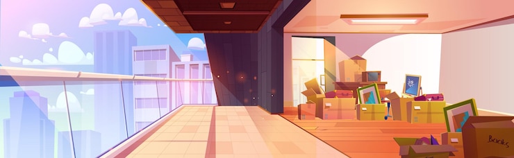 Free Vector unfurnished room with belongings in cardboard boxes for relocation to new appartement concept moving to new house interior with carton parcels and large balcony in city with multistorey buildings