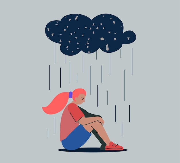 雨の雲の下に座って否定的な感情の問題でストレスで不幸な落ち込んで悲しい女の子