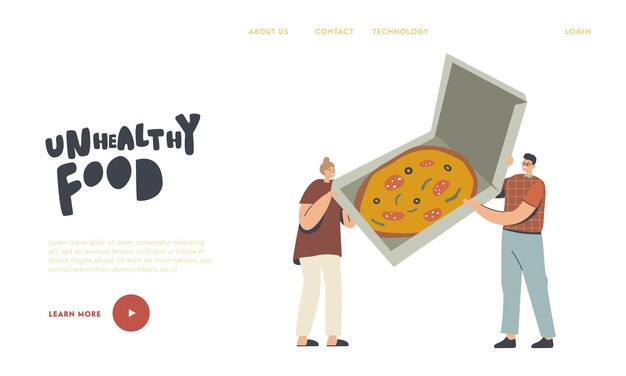 Шаблон целевой страницы нездорового питания. крошечные персонажи держат коробку с огромной итальянской пиццей с оливками, травами и колбасой. еда в пиццерии, меню итальянской кухни в бистро. линейная векторная иллюстрация людей