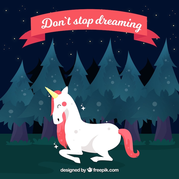 Free Vector unicorn background in the forest with phrase "don't stop dreaming"