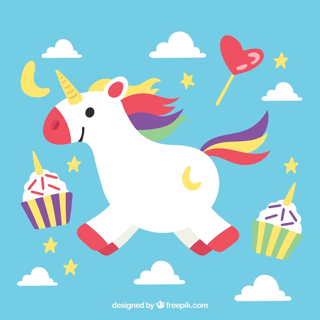 Free vector unicorn background with cupcakes and lollipop