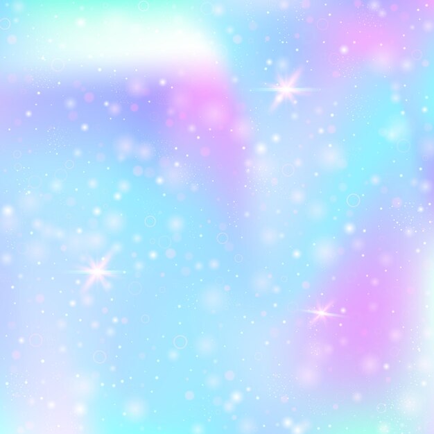 Unicorn background with rainbow mesh Trendy universe banner in princess colors Fantasy gradient backdrop with hologram Holographic unicorn background with magic sparkles stars and blurs