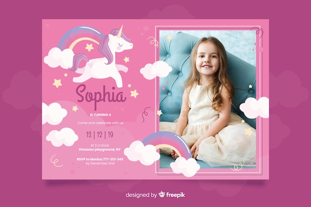 Free vector unicorn birthday invitation template with photo