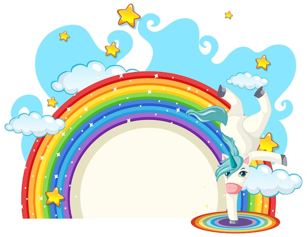 Personaggio dei cartoni animati di unicorno con arcobaleno isolato su sfondo bianco