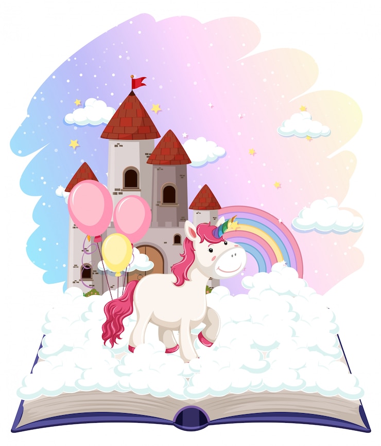 Free Vector unicorn castle on open book