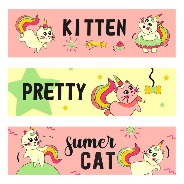 Unicorn cat banners set. funny cartoon summer baby kitten with rainbow horn and tail  illustrations