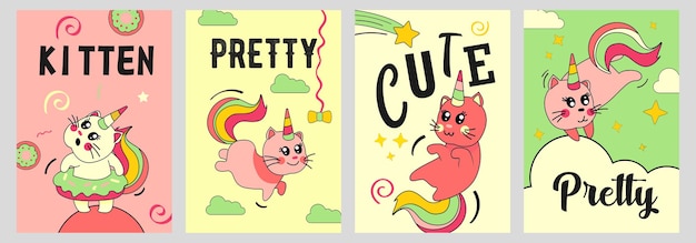 Набор плакатов с кошкой-единорогом. Забавный мультяшный котенок с радужным рогом и хвостом на облаках иллюстрации