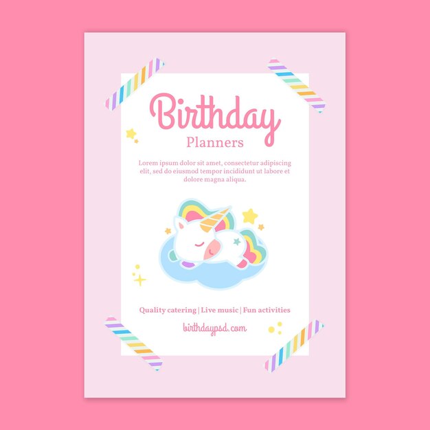 Free vector unicorn children's birthday vertical flyer template