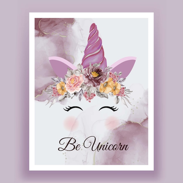 Unicorno corona acquerello fiore rosa viola