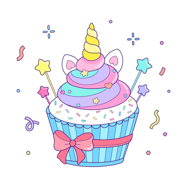ユニコーンカップケーキぬりえページイラスト プレミアムベクター