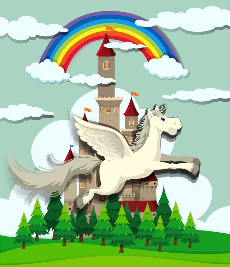 Free Vector unicorn flying over the castle