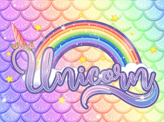 Unicorn font on pastel rainbow fish scales background