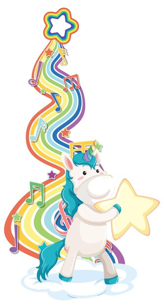 Unicorn holding star with rainbow on white background