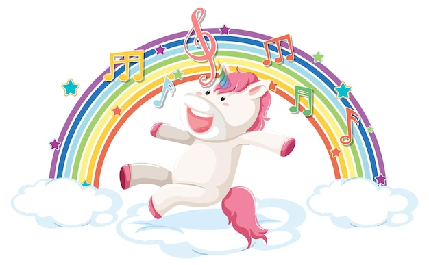 無料ベクター 虹とメロディーのシンボルで雲にジャンプするユニコーン