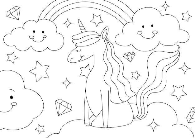 Unicorn kids coloring page vector, blank printable design for children to fill in