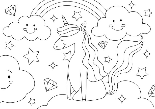 Unicorn kids coloring page vector, blank printable design for children to fill in