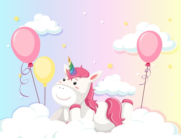 Free vector unicorn lay on the cloud on colorful pastel sky background