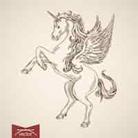 Vettore gratuito unicorno mitica creatura volante animale vento cavallo selvaggio in piedi sulle zampe posteriori