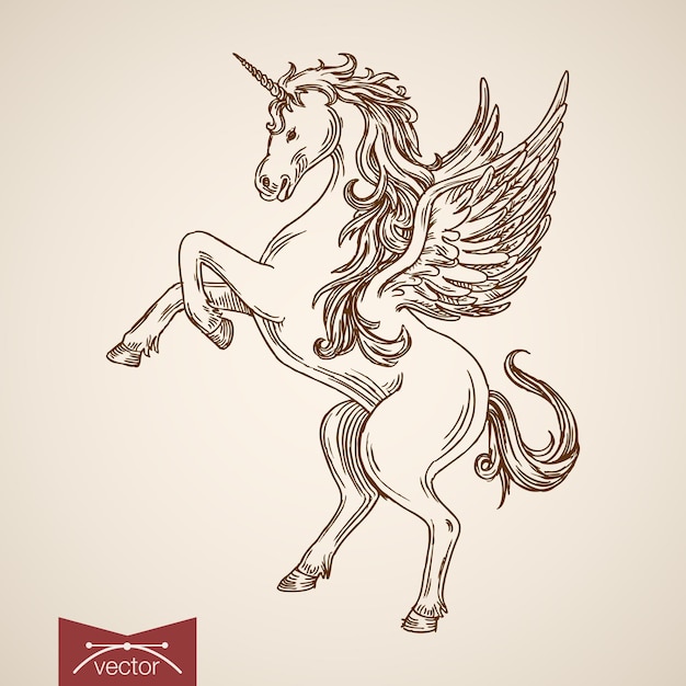 後ろ足で立っているユニコーン神話の空飛ぶ生き物動物野生の馬の風