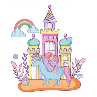 Unicorn and princess with castle in the landscape