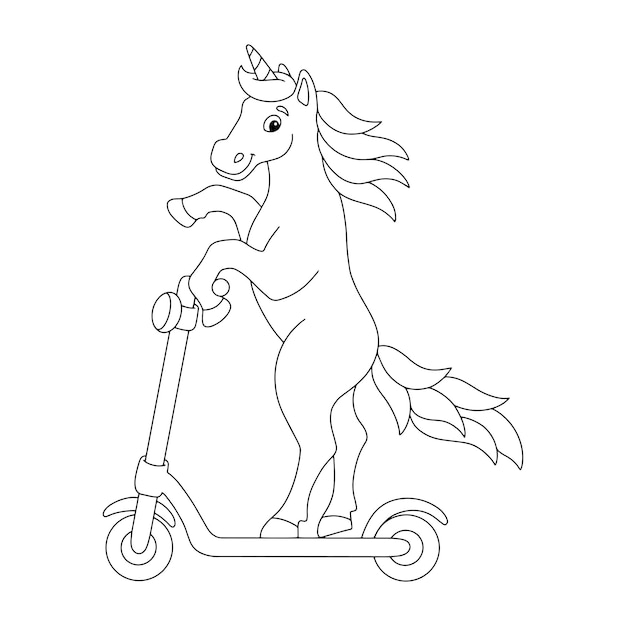 Premium Vector | The unicorn rides a scooter coloring book page for kids