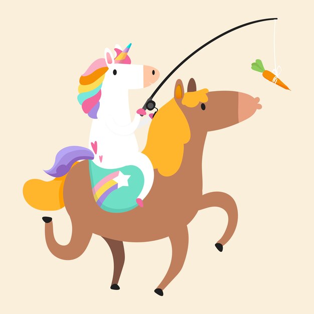 Free Vector unicorn riding a pony and holding a carrot on a stick vector