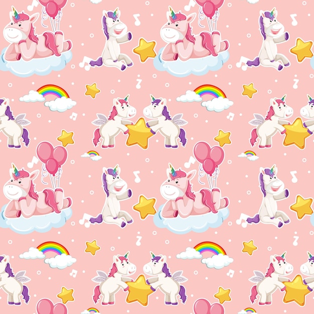 Free vector unicorn seamless pattern with many clouds on pink background