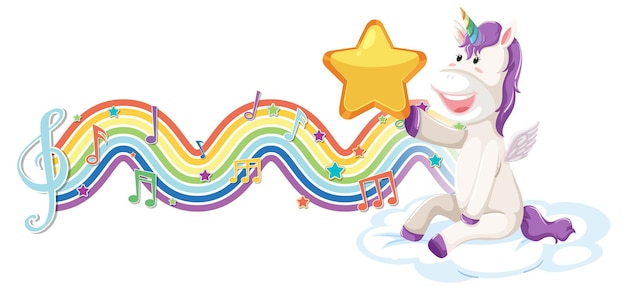 Unicorno seduto sulla nuvola con simboli di melodia sull'onda arcobaleno