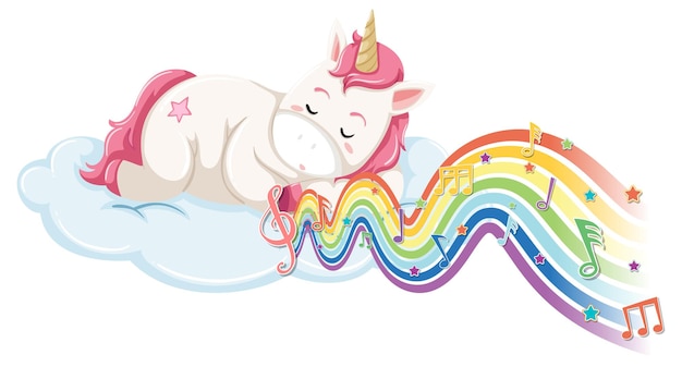 Unicorno che dorme sulla nuvola con simboli di melodia sull'onda arcobaleno